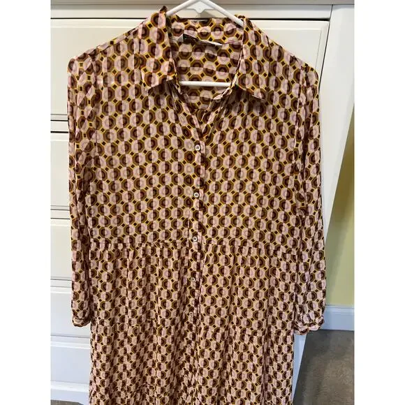 Zara Geometric Print Maxi Dress Sheer Long Sleeve Size Medium Indie Boho Twee - Picture 5 of 9